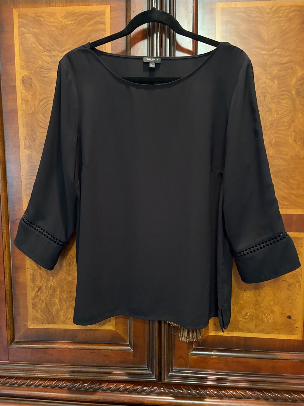Talbots Black 3/4 Sleeve Crochet-Trim Blouse